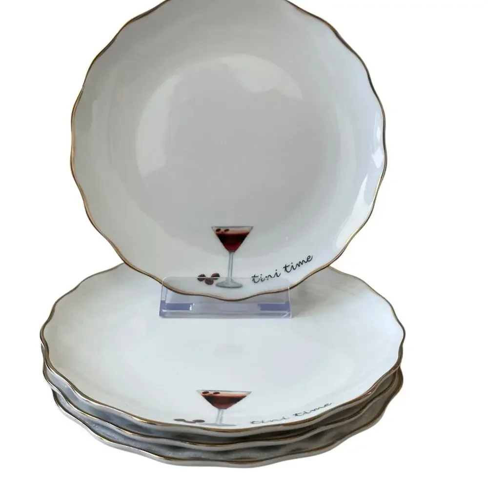 Godinger Martini Cocktail Appetizer Plates 6in Ceramic Set of 4 White NEW